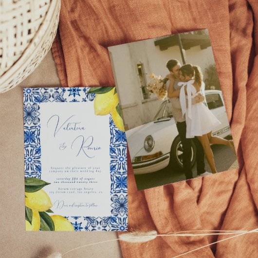 青い地中海のタイルと柑橘系の結婚写真 招待状