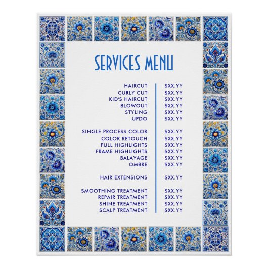 青い地中海のタイル枠の価格表 ポスター (正面)