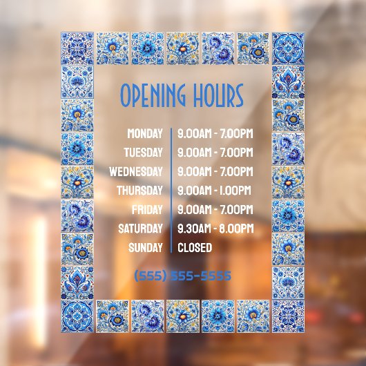 青い地中海のタイル枠の開館時間 ウィンドウサイン (シート2)