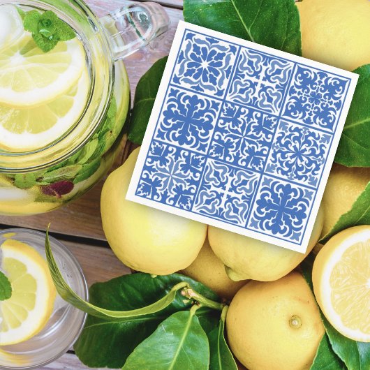 青い地中海スタイルのタイル ウェディングまたはブライズシャワー スタンダードカクテルナプキン