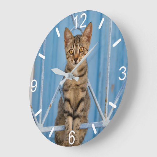 青い塀にすわっているかわいい子猫 ラージ壁時計 (傾斜)