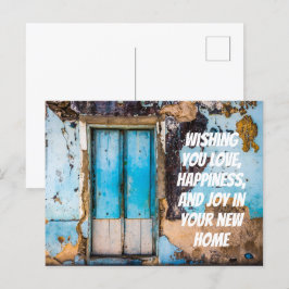 青い壁とドアの新しい家おめでとうポストカード ポストカード