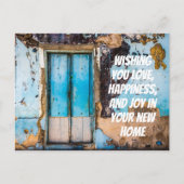 青い壁とドアの新しい家おめでとうポストカード ポストカード (正面)