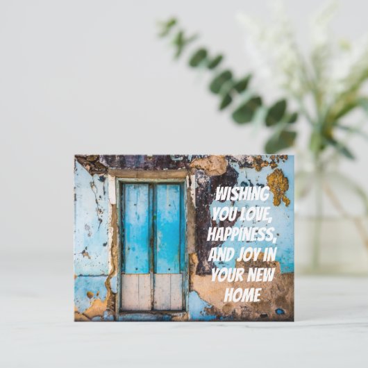青い壁とドア新しいホームおめでとうがき ポストカード (スタンド正面)