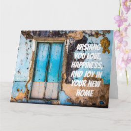 青い壁とドア新しいホームおめでとうカード カード