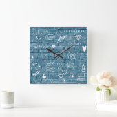 青い壁の文字アートに落書きモダンが書かれている スクエア壁時計 (ホーム)
