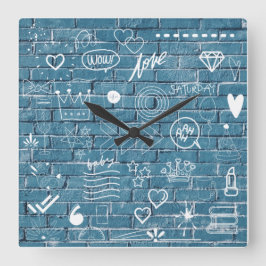 青い壁の文字アートに落書きモダンが書かれている スクエア壁時計
