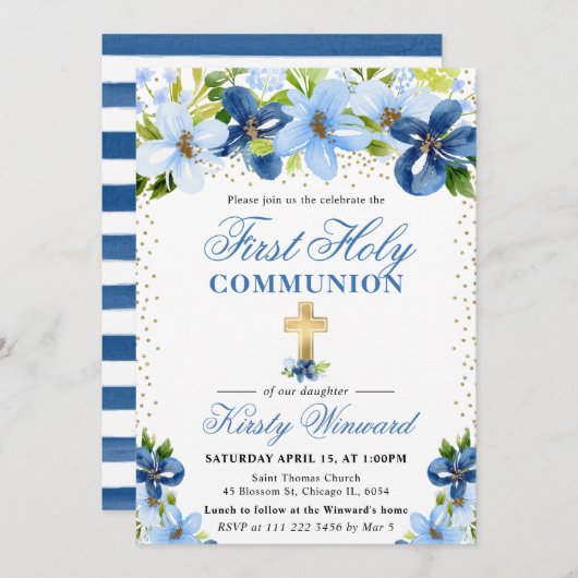 青い夏の花の最初の聖餐式 招待状 (正面/裏面)