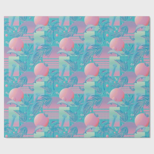 青い夏のVaporwaveの夕焼けとヤシの木 ラッピングペーパー (フラット)