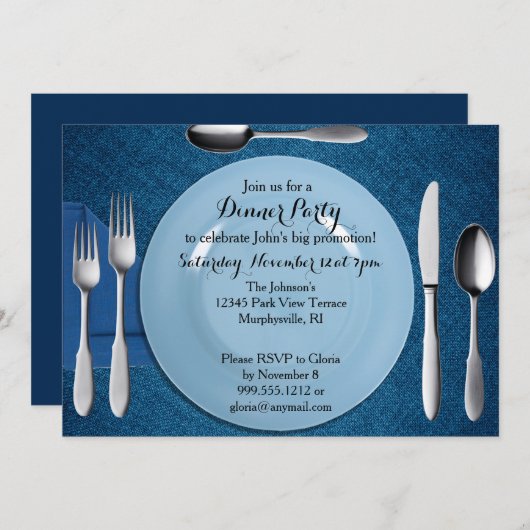 青い夕食のパーティの招待状 招待状 (正面/裏面)