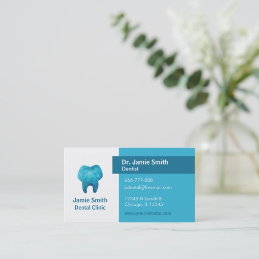 青い多角形のモルの歯の歯科医の名刺 名刺 (スタンド正面)