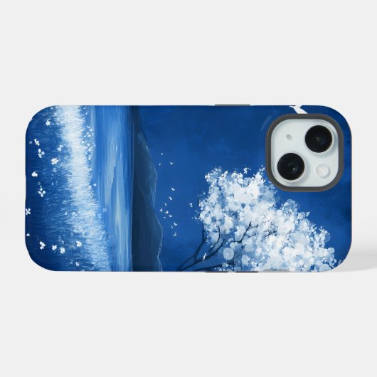 青い夜のビーチ山の景色 iPhone 15ケース (裏面横)