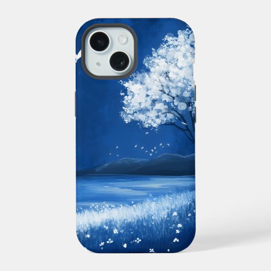 青い夜のビーチ山の景色 iPhone 15ケース (裏面)
