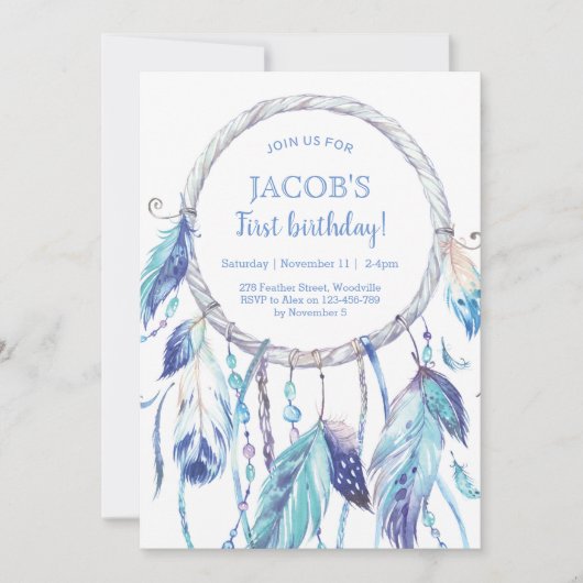 青い夢のキャッチャーの誕生日の招待状 招待状 (正面)