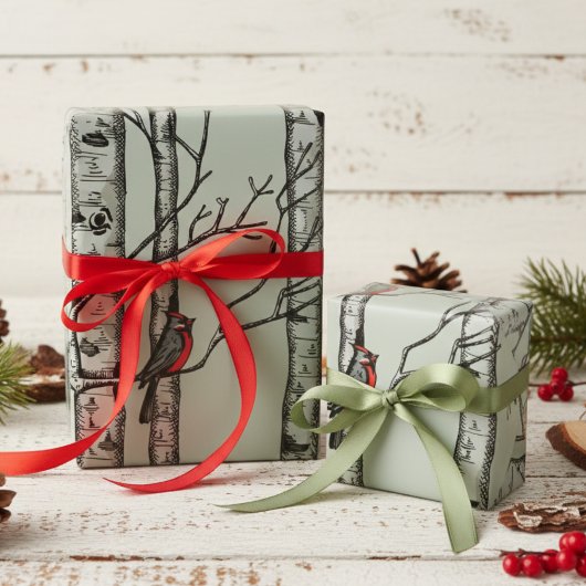 青い大きな樺の木の木と赤い(鳥)ショウジョウコウカンチョウの鳥 ラッピングペーパー