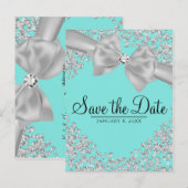 青い大きな白いリボン ダイヤモンド Save the Date 案内ポストカード (正面/裏面)