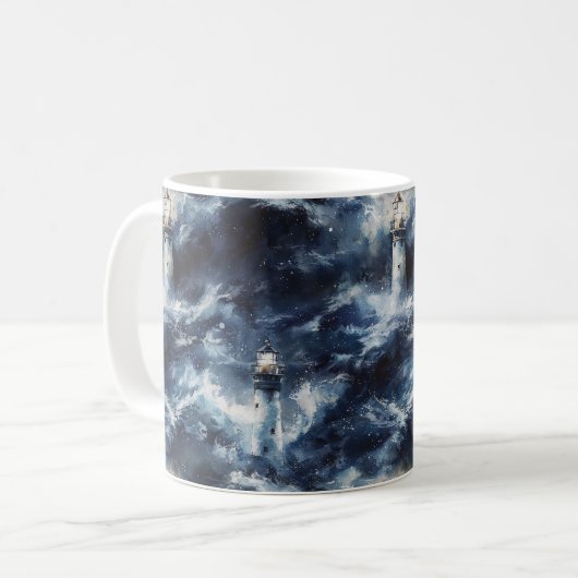 青い大洋の灯台 海 コーヒーマグカップ (正面左)