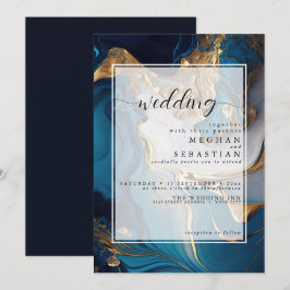 青い大理石に浮かぶ抽象的な液体ゴールド 招待状