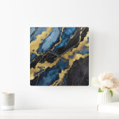 青い大理石のパターン(金ゴールド) スクエア壁時計 (ホーム)