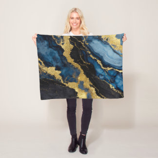 青い大理石のパターン(金ゴールド) フリースブランケット