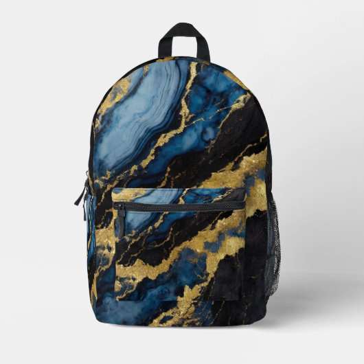 青い大理石のパターン(金ゴールド) プリントバックパック (正面)