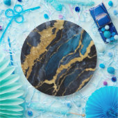 青い大理石のパターン(金ゴールド) ペーパープレート (パーティー)