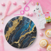 青い大理石のパターン(金ゴールド) ペーパープレート (パーティー)