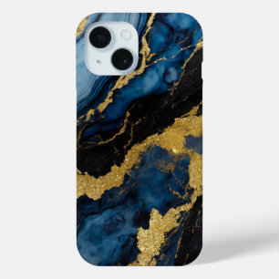青い大理石のパターン(金ゴールド) iPhone 15ケース