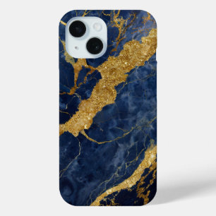 青い大理石のパターン(金ゴールド) iPhone 15ケース