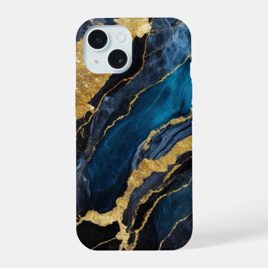 青い大理石のパターン(金ゴールド) iPhone 15ケース (裏面)