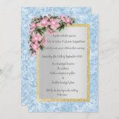 青い大理石のフローラ結婚とピンクのフローラ金ゴールド 招待状 (正面/裏面)