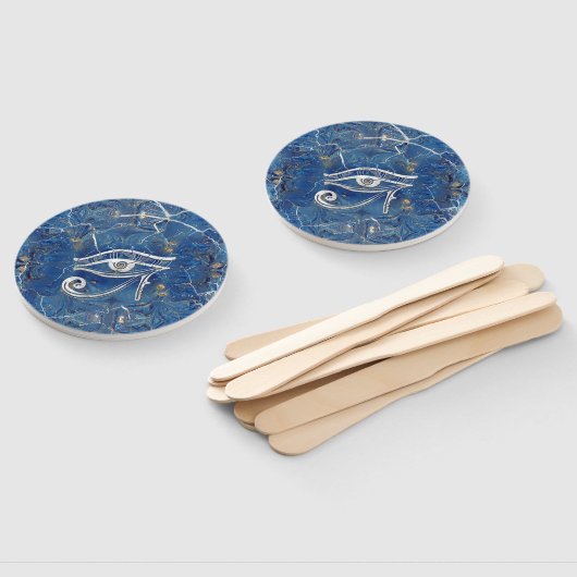 青い大理石の上のホルスの銀エジプトの目 ハンドファン (組立なし)