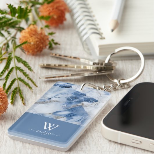 青い大理石の抽象芸術沿岸パターン キーホルダー (正面右)