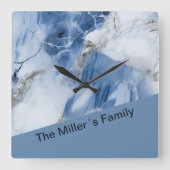 青い大理石の抽象芸術沿岸パターン スクエア壁時計 (正面)