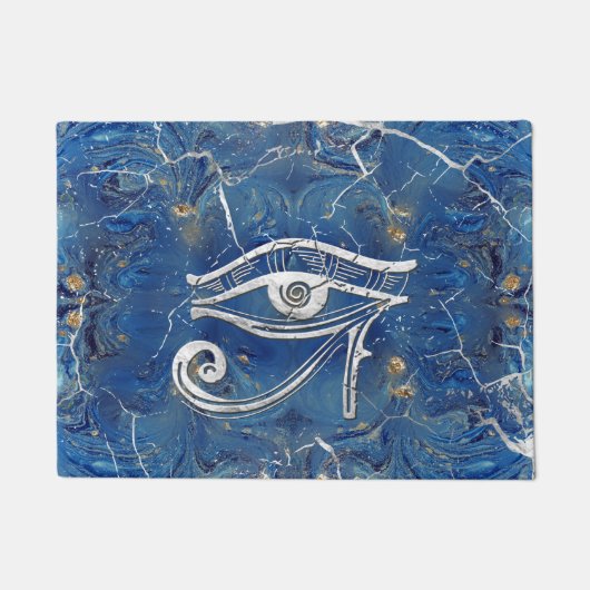 青い大理石のHorusの銀製のエジプトの目 ドアマット (正面)