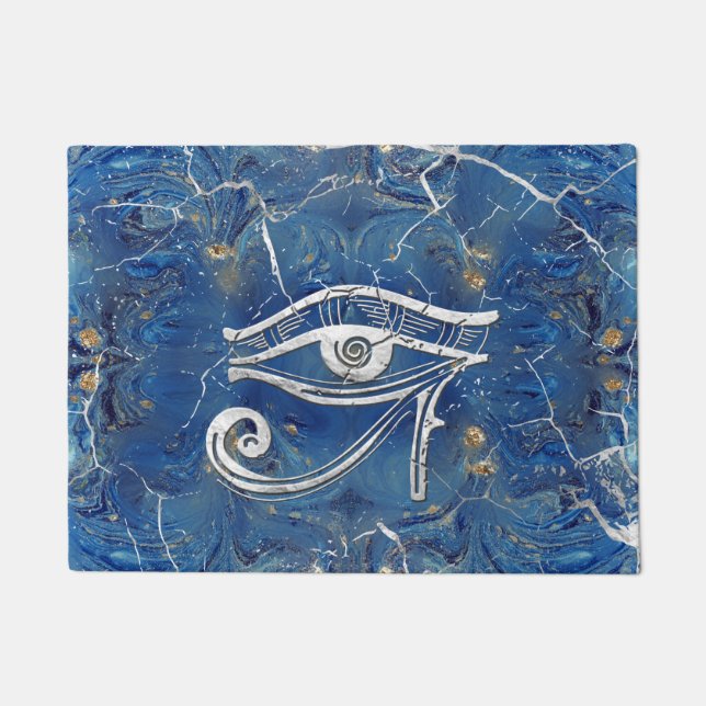 青い大理石のHorusの銀製のエジプトの目 ドアマット (正面)