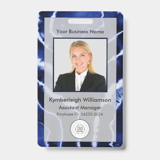 青い大理石絞り染め会社従業員の写真ID バッジ (正面)