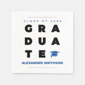 青い太字の卒業文字と帽子 卒業式 スタンダードカクテルナプキン (正面)