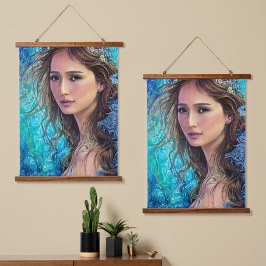 青い女性と波 |抽象芸術アート 吊り下げ型タペストリー (非対称)