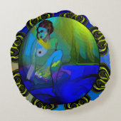 青い女性を持つ赤いダリア ラウンドクッション (裏面)