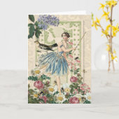 青い妖精及び鳥-ヴィンテージは挨拶のノートを消します カード (黄色い花)