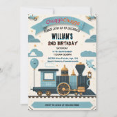 青い子供たち男の子のヴィンテージに2つの電車2つの誕生日 招待状 (正面)