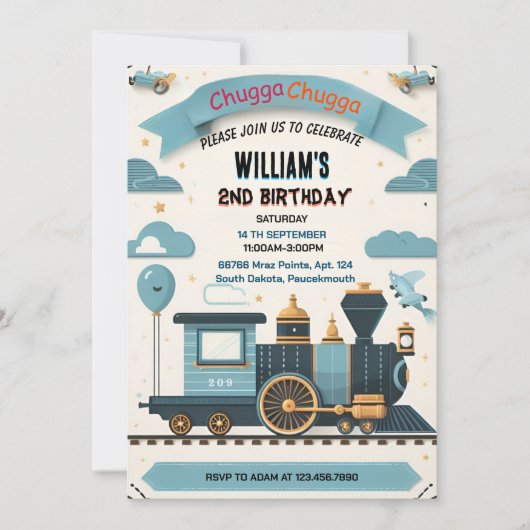 青い子供たち男の子のヴィンテージに2つの電車2つの誕生日 招待状 (正面)