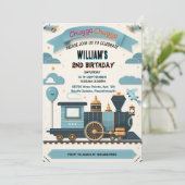 青い子供たち男の子のヴィンテージに2つの電車2つの誕生日 招待状 (スタンド正面)