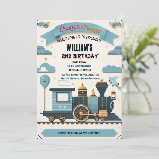 青い子供たち男の子のヴィンテージに2つの電車2つの誕生日 招待状 (スタンド正面)