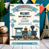 青い子供たち男の子のヴィンテージに2つの電車2つの誕生日 招待状