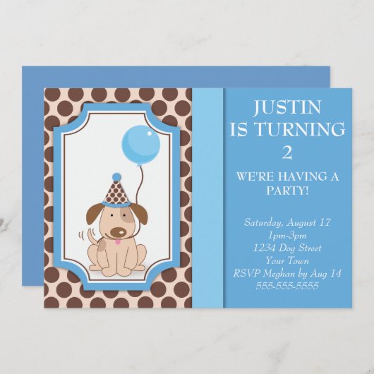 青い子犬のパーティー 招待状 (正面/裏面)
