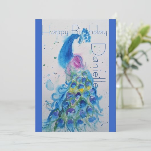 青い孔雀の水彩誕生日招待状 招待状 (スタンド正面)