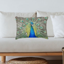青い孔雀の羽の羽毛の写真 アクセントクッション