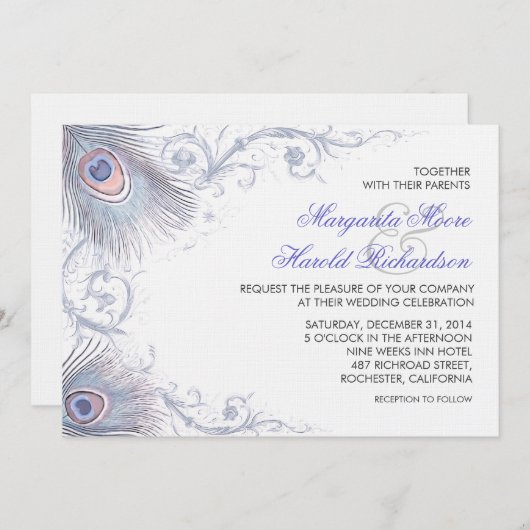 青い孔雀の羽ビンテージ結婚式招待状 招待状 (正面/裏面)